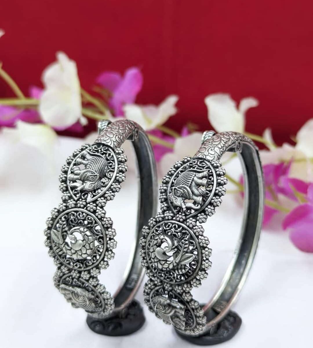 Elegant 92.5 Elephant Design Silver Bangles