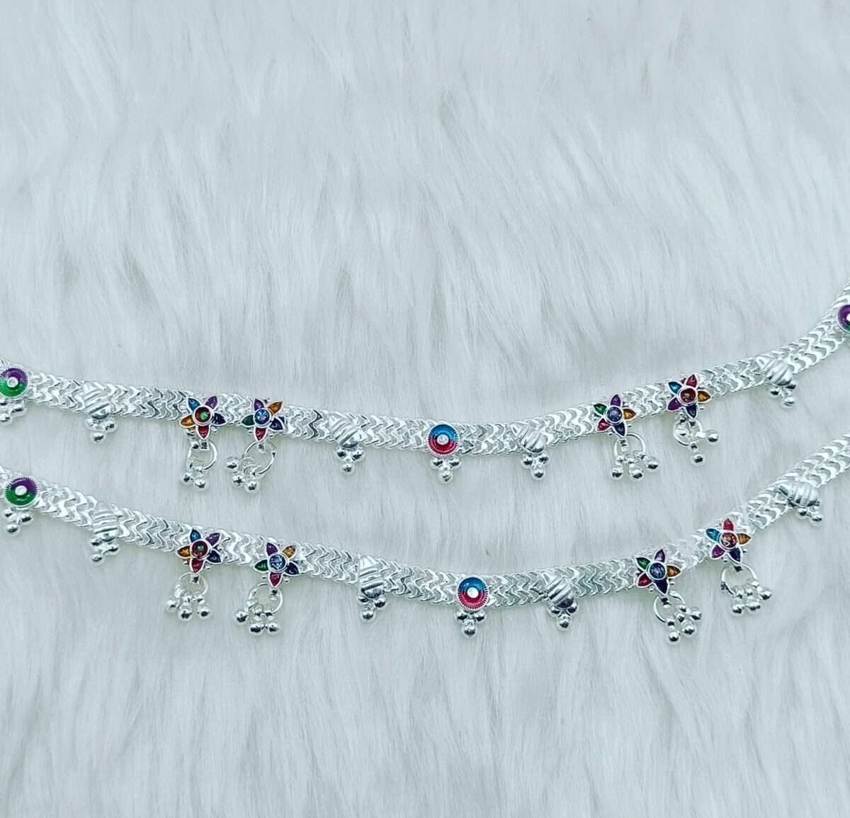 Elegant Silver Payal for Women with Exquisite Meena Work