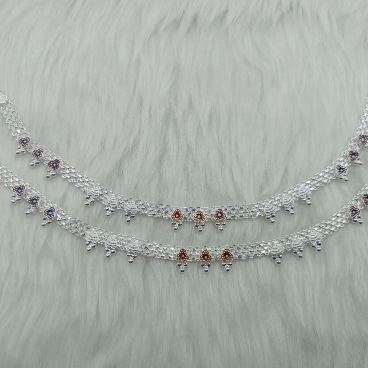 Elegant Silver Payal for Women with Meena Work