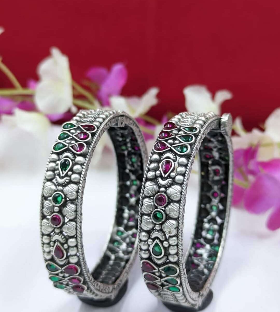 Elegant 92.5 Kundan Sterling Silver Bangles
