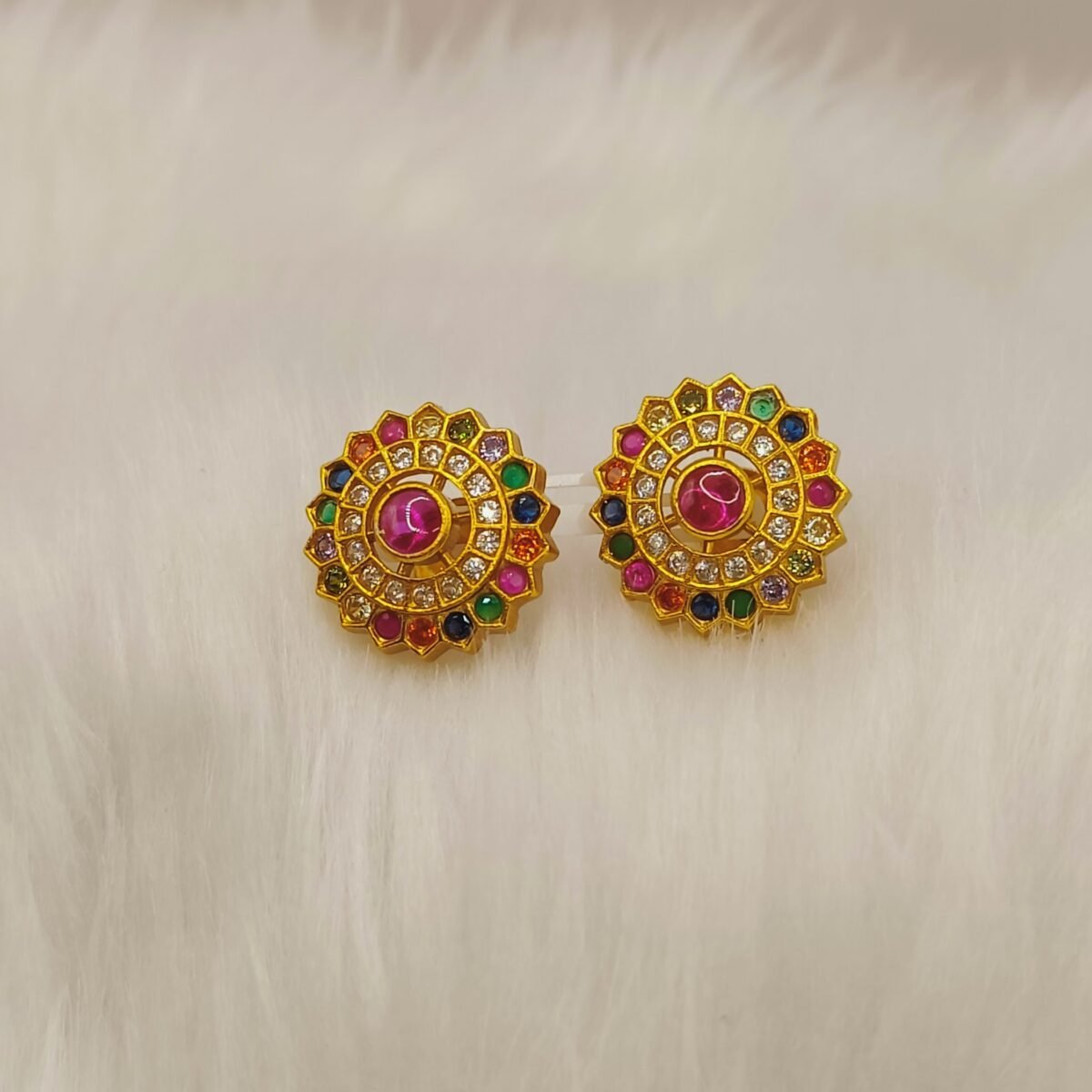 925 Silver Gold-Plated Multi-Stone Navratna-Style Stud Earrings