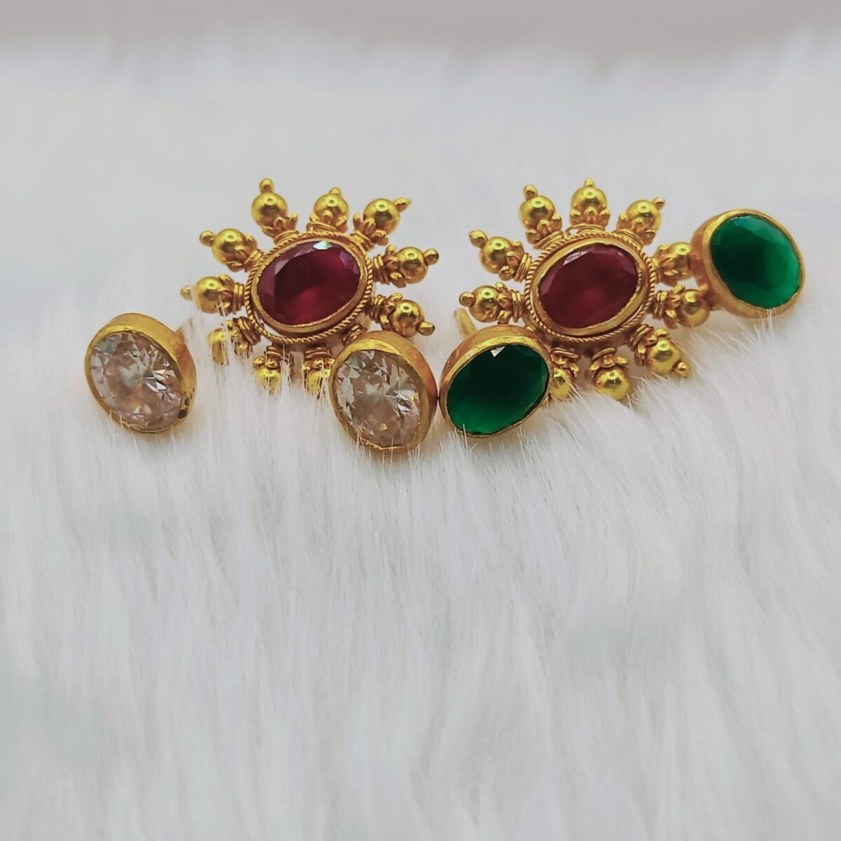 Traditional Gold-Toned Kemp Stone Stud Earrings with Detachable Clear Stone Drops (925 Silver)