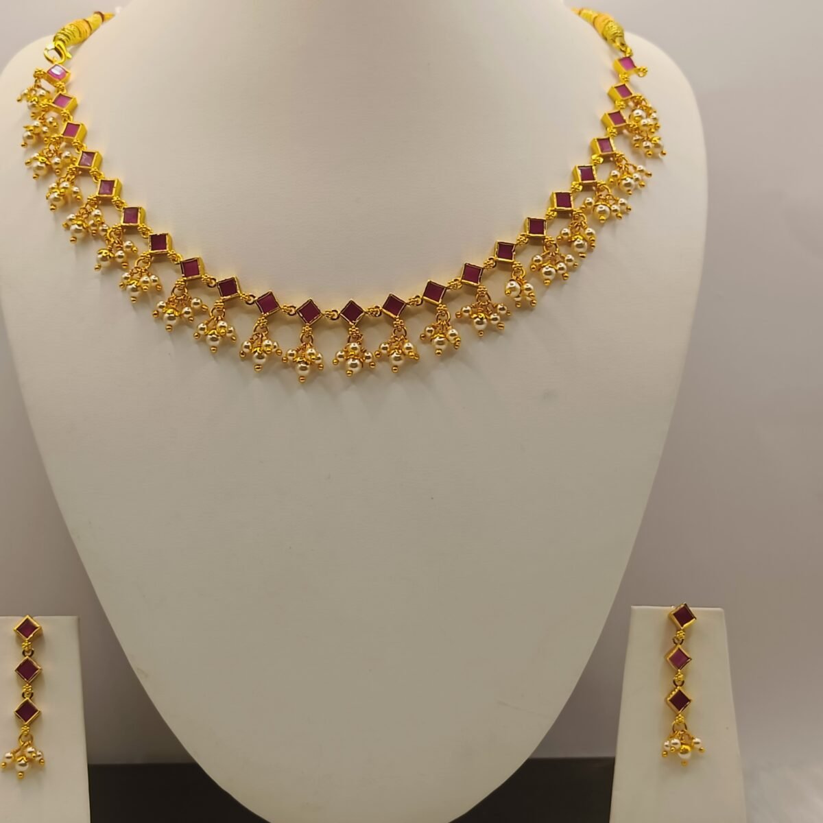 925 Silver Pink Stone Necklace and Earrings Set