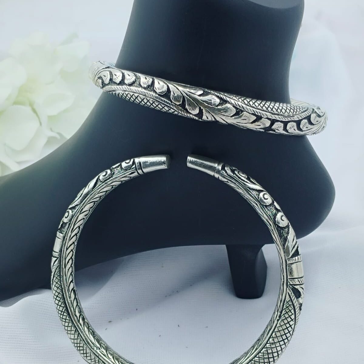 925 Silver Oxidized A Pair Anklet Kada