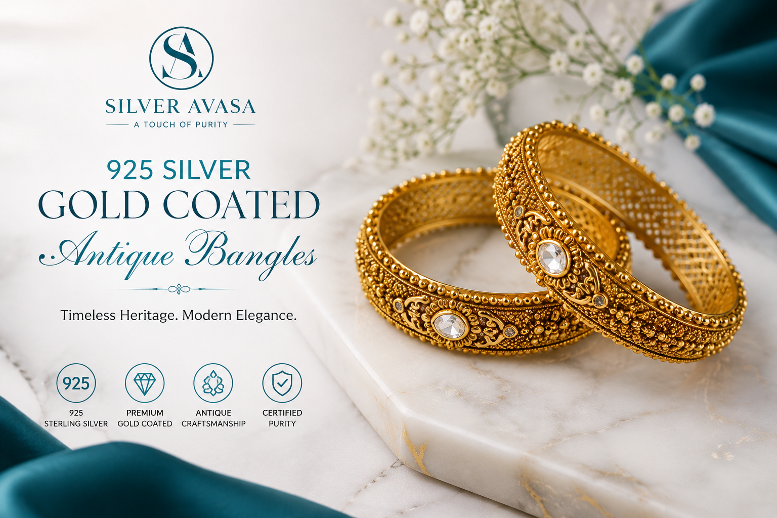 925 Silver Gold Coated Antique Bangles