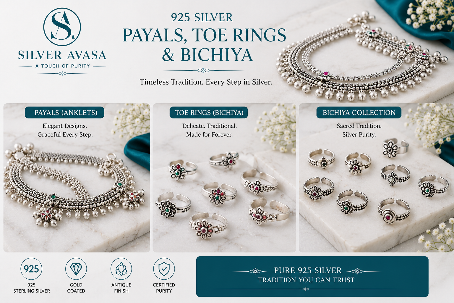 925 Silver Payals, Toe Rings and Bichiya