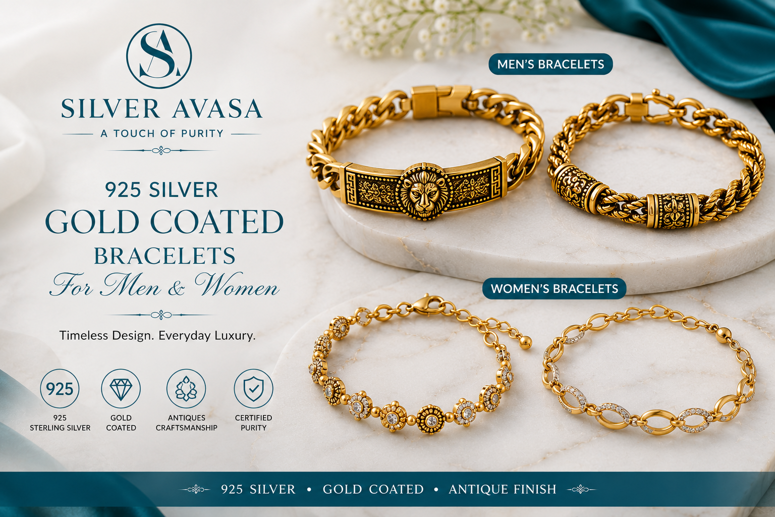 925 Silver Gold Coated Bracelets for Men and Women