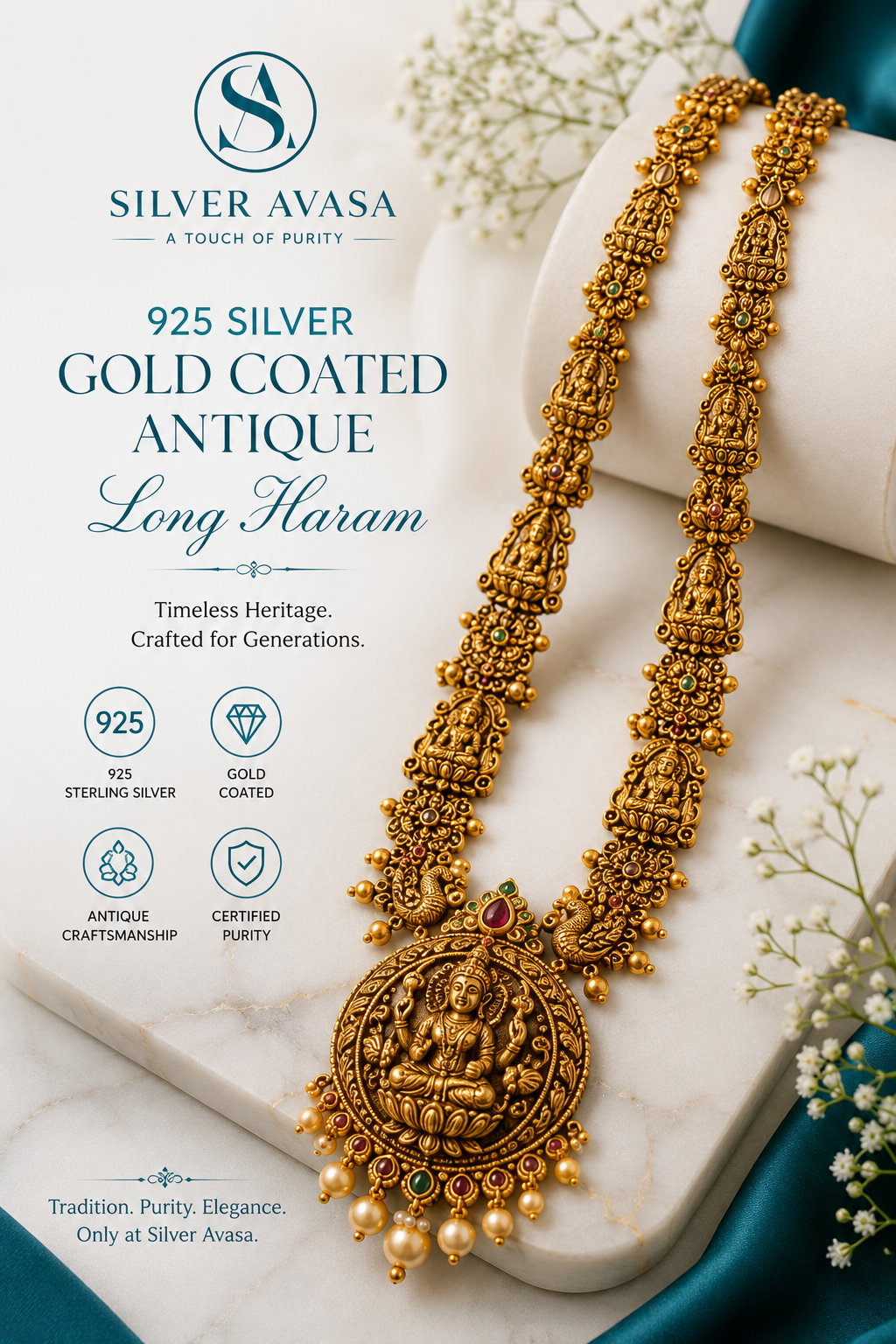 925 Silver Gold Coated Antique Long Haram